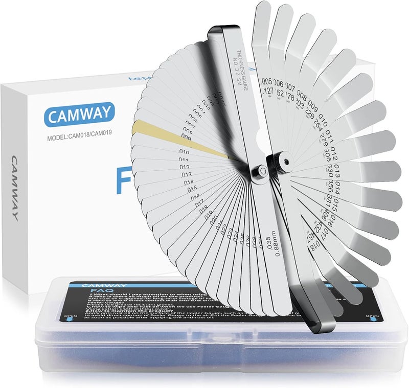 CAMWAY مجموعة قياس الفجوات 2 قطعة من الفولاذ مقياس متري/بوصة 32 شفرة مستقيمة + 16 قطعة شفرة مائلة لقياس عرض الفجوة وسمك صمامات شمعات الإشعال وأدوات القياس - Image 1